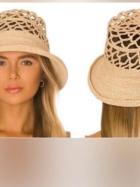 Janessa Leone Crochet Straw Bucket Hat in Natural
